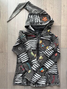 Nini Black Washed Zip Hoodie with Embroidered Accents- Size L / XL
